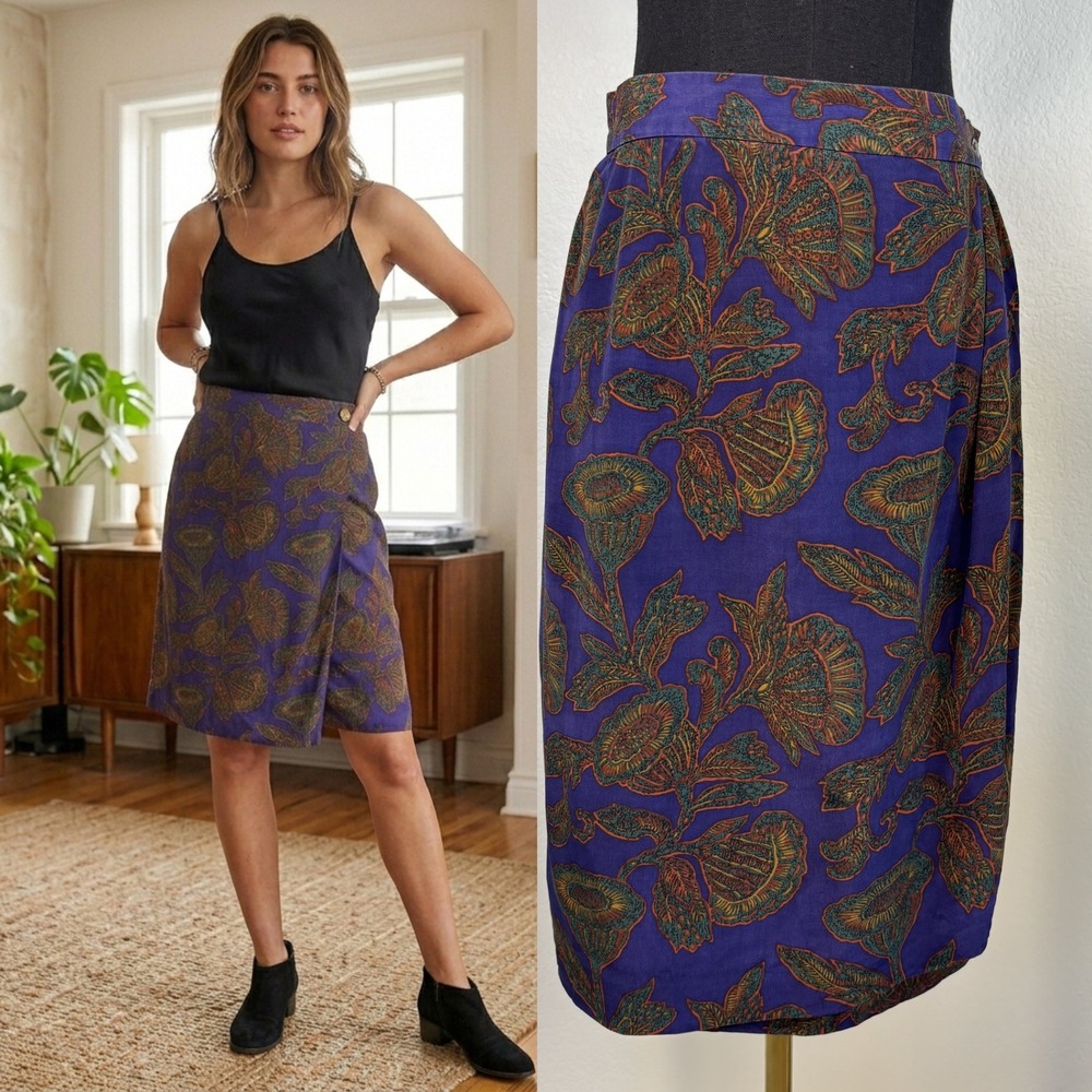 Anthony Michael 100% Silk Purple Botanical Floral Wrap Skirt Size 14 Vintage 90s